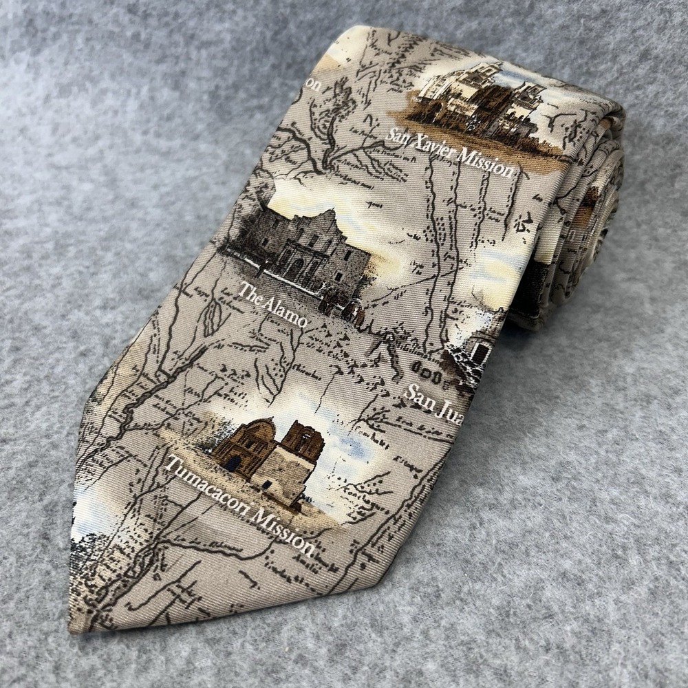 Tie Tales Texas Missions Silk Necktie Alamo Scenic Map Travel Souvenir 69" x 4"